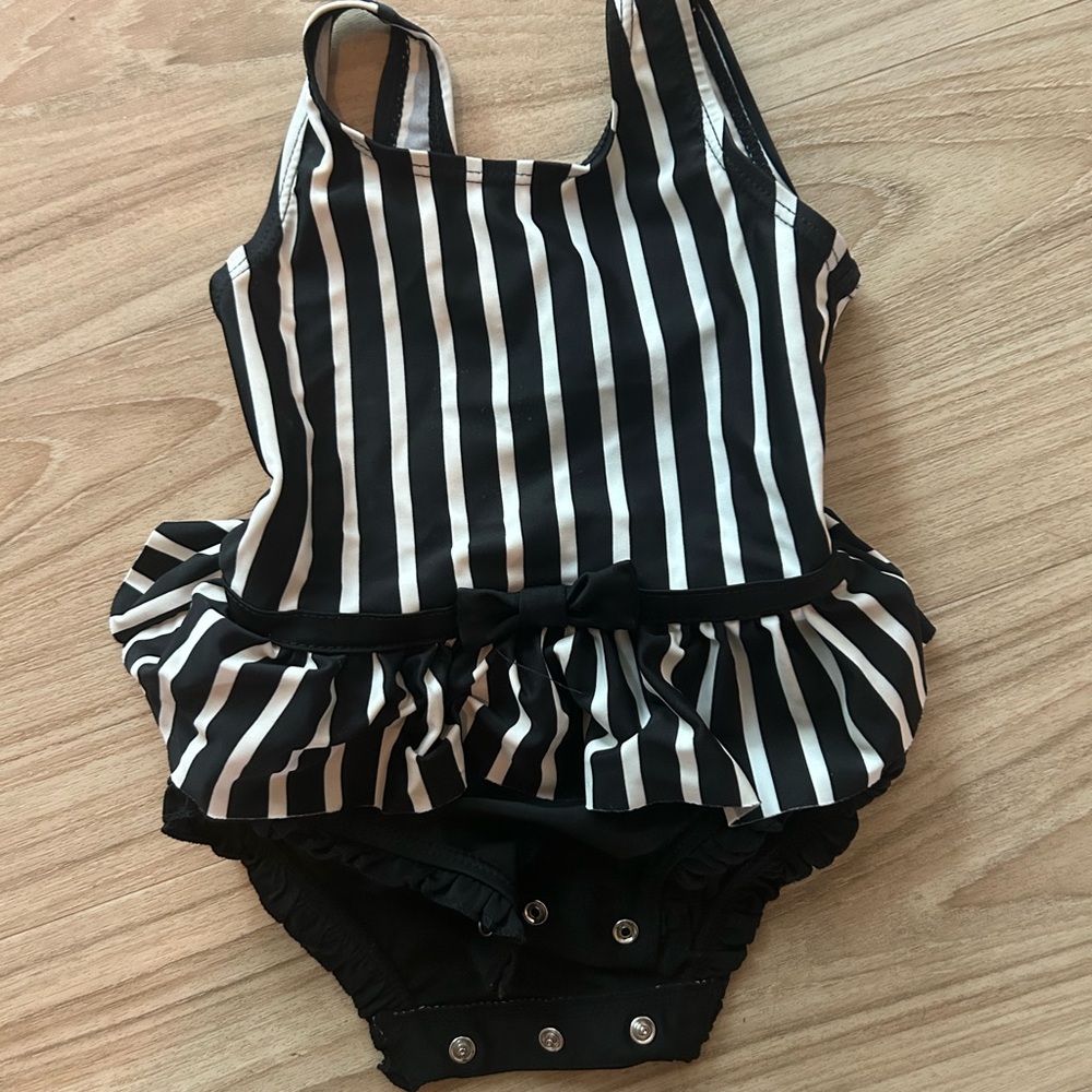 Ruffle Butts Black and White Striped Kids Swim One Piece